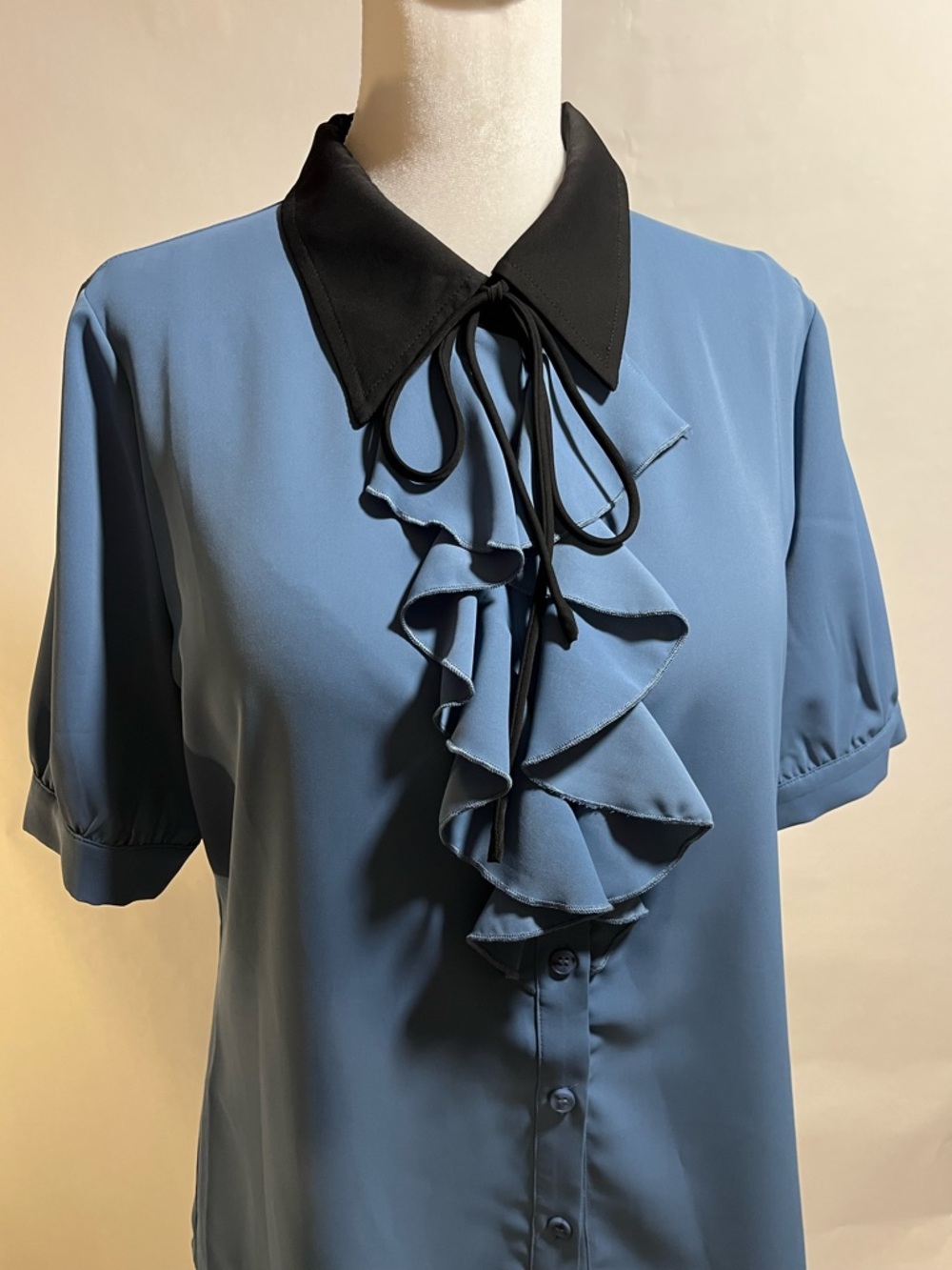Allegra K Dusty Blue Ruffle Tie-Neck Blouse with Black Collar